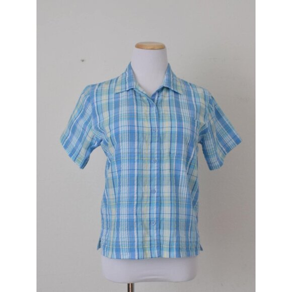 Vintage 90s White and Blue Cotton/Poly Plaid‎ Button Down Blouse - Picture 9 of 10